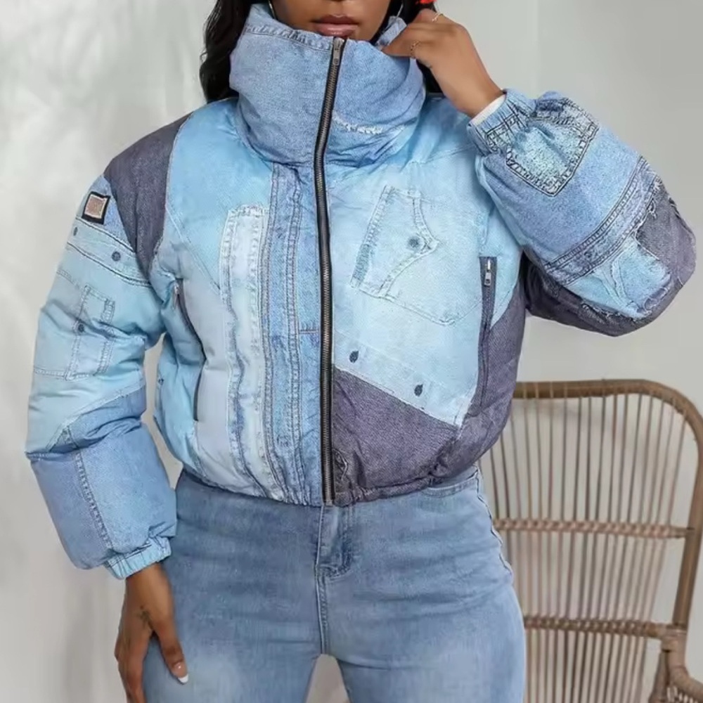 Denim Puffer Coat (Denim printed on fabric)